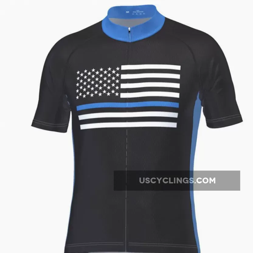 Thin Blue Line Cycling Jersey / Men's Blue American Flag Short Sleeve Cycling Jersey